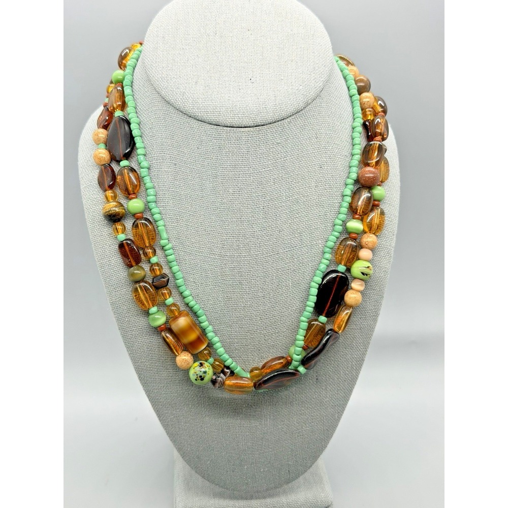 Vintage Multi Strand 3 Glass Bead Necklace Brown Green Boho 18" Toggle Closure